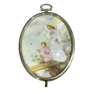 Vintage Style Guardian Angel Child Oval Frame Embroidered Wall Art